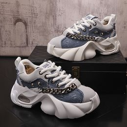 Outono masculino sola grossa tênis de corrida moda casual couro emendado respirável altura aumentada sapatos plataforma masculino tênis grosso