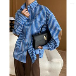 Women's Blouses Suede Patchwork Striped Loose Shirts Autumn Women Turn Down Collar Cotton Overize Shirt Coat