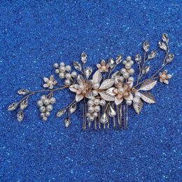 Hair Clips Leaf Flower Comb Pin Clip Gold Color Head Piece For Brides Pearl Rhinestones Hairpins Wedding Accessories Bridal Jewelry