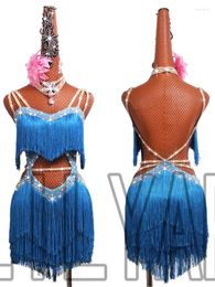 Stage Wear Professional Latin Dance Competition Performance Dress With Sea Blue Tassel Short Open Waist Sparkling Diamond Skirt