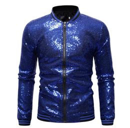 Royal Blue Sequin Nightclub Jacket Men 2019 Autumn New Streetwear Mens Sequins Jackets and Coats Baseball Bomber Jacket Male4751719