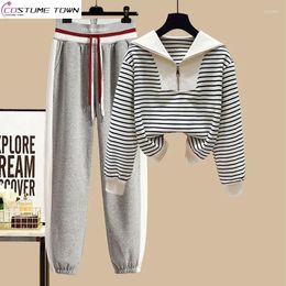 Women's Two Piece Pants Sports Suit 2023 Spring And Autumn Korean Version Striped Zipper Top High Waist Slim Casual Two-piece Set