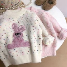 2024 Girl s Latest Pink Rabbit Children's Fashionable And Cute Sweater Cartoon Bead Rabbit Girl Sweater Girl Knitwear 231221