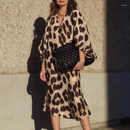 Casual Dresses Long V-neck Loose Leopard Print Dress V Neck