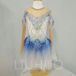 LIUHUO Figure Skating Dress Girls Teens Long Sleeves White-Blue Ice Skating Dance Skirt Quality Crystals Dancewear Ballet Performance