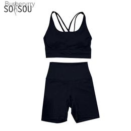 Active Sets SOISOU Nylon Gym Yoga Set Women's Tracksuit Cycling Shorts Set Tight Elastic Short Chest Pad Removable Bra Womens ClothingL231221