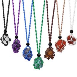 Pendant Necklaces Natural Healing Crystal Necklace Irregular Fluorite Raw Stone Net Pocket Yoga Jewelry For Women Men Family Gift