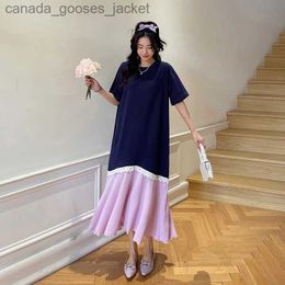 Two Piece Dress #6381 Navy Blue A-line T Shirt Dress Short Sle Loose Fasle Two Piece Midi Dress Women Chiffon Ruffles Loose O-neck Summer L231221