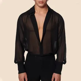 Men's Casual Shirts Fashion Streetwear Sexy Deep V Neck See Through Mesh Shirt For Men Summer Lantern Sleeve Tops 2023 Clothing