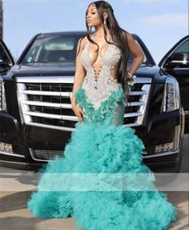 Dimonds Long Puffy Prom Dresses Mermaid Sparkly Crystals Beads Rhinestones Feathers Evening Party Gowns For Birthday