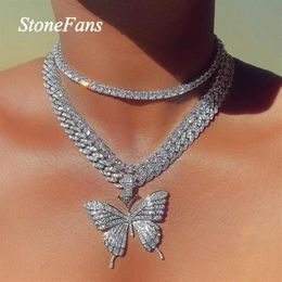 Stonefans Luxury Cuban Link Chain Choker Necklace Butterfly Pendant for Women Hip Hop Iced Out Rhinestone Necklace Jewelry232S