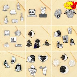 2-6pcs/set High Quality Metal Enamel Pins Black White Color Ghost Heart Shape Brooches Women Men Punk Styles Lapel Pin Badges