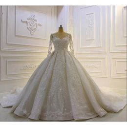 Stunningbride 2024 Modest Long Sleeve Ball Gown a-line Wedding Dresses Bridal Gowns Sheer Jewel Neck Lace Appliqued Sequins Plus Size