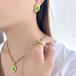 Vintage Natural Emerald Pendant Ring Women's Stainless Steel 18K Gold Fashion Light Luxury Oval Stud Earrings Set Jewelry