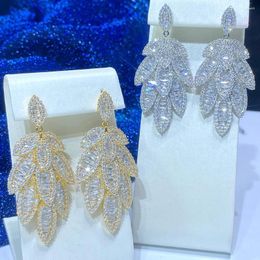 Dangle Earrings Trendy Gold Color With Silver Leaf For Women Luxury Cubic Zirconia Micro Setting Bridal Wedding Jewelry 00086