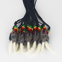 10pcs Fashion Wax Cotton Cord White ResinTooth Teeth Pendant Necklace With Eagle and Rasta Wood Beads Necklace244B