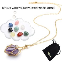 Interchangeable Natural Crystal Holder Necklace Crystal Cage Stone Pendant Necklace Aesthetic Gemstone Jewelry For Men Women DIY Adjustable Weaving Mesh Bag Gift