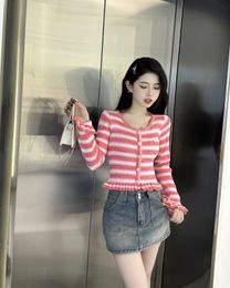 Sweaters womens early spring 100 stripes long sleeve top female wooden ear edge horn sleeve European Spice Girl retro button round neck fashion design metal standard