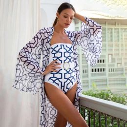 Women's Swimwear Vintage Geometric Print Swimsuit One-Piece Tube Top Bikini 2023 Hollow Halter Kimono Beachwear Elegant Split Skirt Smock
