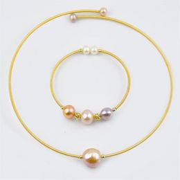 Pendant Necklaces Freshwater Pearl Choker And Bangle Set Delicate 14K Gold Color Solid Easy Wearing Jewelry For Women198g