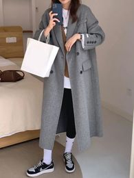 Zoki Winter Thick Office Lady Long Wool Coat Elegant Fashion Faux Jacket Women Simple Grey Sleeve All Match Outwear 231221