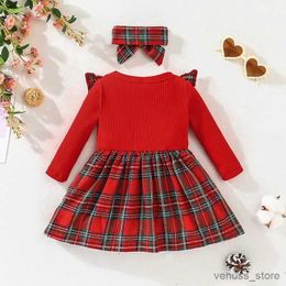 Girl's Dresses Christmas New Children Set Autumn Girls Long Sleeve Bowknot Plaid Dress Headband Kids Princess New Year Fashion Party Clothes