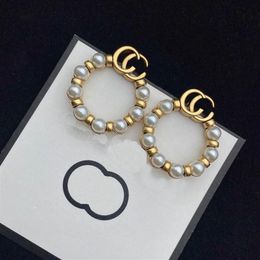 Vintage Designer Brand Double Letter Stud Earrings Fashion Women High Quality 18K Gold Plated Inlay Pearl Earring Luxury Womens Br234P