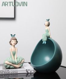 ARTLOVIN Modern Bowknot Girl Figurines Nordic Character Figures Round Ball Storage Box Bubble Gum Girls Sculpture Green Colour 21033306509