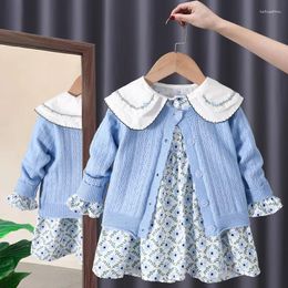 Girl Dresses Girls' Floral Dress With Knit Cardigan 2-Piece Set For 2023 Fall Collection Suitable 2-8 Years Old Kids Clothes