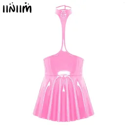 Casual Dresses Womens Halter Sexy Club Latex Dress With 2 Press Buttons Open Chest Ruffled Wet Look Patent Leather Clubwear