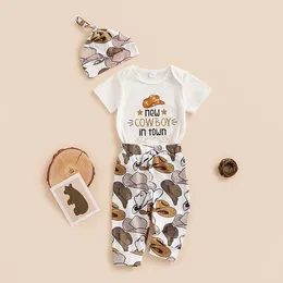 Clothing Sets Baby Boy Summer Clothes Short Sleeve Crew Neck Romper Cowboy Hat Boots Letter Print Long Pants 3Pcs Set