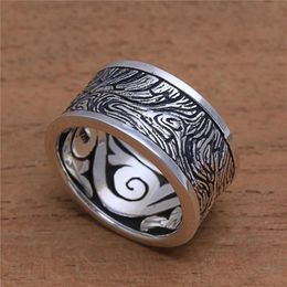 Solid 925 Sterling Silver Ring Wood Exterior Mysterious Pattern Vintage Rings for Men Women Wedding Silver Jewelry Size 5 -122556