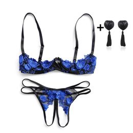 Set Blue Open Bra Crotchless Sexy Underwear Embroidery Bra Panties Underwear Suit Ladies Temptation Nightwear Lingerie Set Y190601