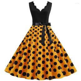 Casual Dresses Fashion Style Vintage Hepburn V Neck Burnt Flower Sleeveless Stitching Big Swing Dress Belt