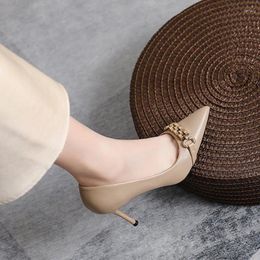 Dress Shoes 6cm Fashion Thin High Heels Soft Leather Pumps Pointed Toe Matel Chains Khaki For Women 41 42 43