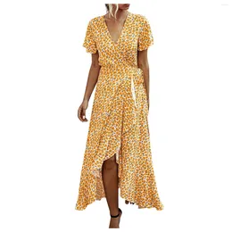 Casual Dresses Women'S Summer Fashion Print V-Neck Sexy Short-Sleeved Formal Occasion Evening Dress Loose