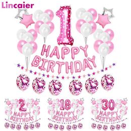 37Pcs Pink Number 1 2 3 4 5 6 7 8 9 Years Old Balloons Happy Birthday Party Decorations Kids Baby Girl Princess 15 16 18 30 40 211218t