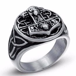 whole 2018 Fashion Jewelry Bague Odin 's Symbol Of Norse Viking Hammer Ring Biker Stainless Steel Rings For Men 6C02742794