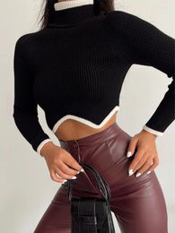 Women's Sweaters High Necked Long Sleeved Tight Knit Bottom Color Contrast Slim Fit Casual Sweater For Autumn And Winter
