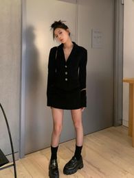Осень 2023, корейский элегантный черный комплект из 2 предметов, повседневная винтажная куртка, пальто, офисная женская тонкая мини-юбка, пиджак, костюм 231221