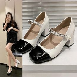 Women's high heels Mary Jane pumps square toes vintage leather sandals black and white patches women's high heels 231221
