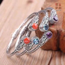 Ancient S925 Thai silver handmade Indonesian style inlaid natural topa heather agate open bracelet 231220