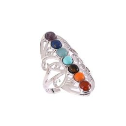 With Side Stones 7 Chakra Stones Bead Finger Rings Reiki Nce Meditation Healing Point Charm Adjustable Yoga Hollow Flower Women Ring D Dhfcg