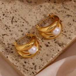 Hoop Earrings 2023 Upated Double Layers U Shaped Basket Round Synthetic Pearl For Woman Gold Plated Stainless Steel Jewellery