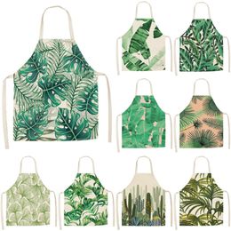 1pcs Women Men Tropical Monstera Cactus Cotton Linen Aprons for Kitchen 55x68cm Home Cooking Baking Cleaning Accessories