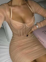 Dresses Long Sleeve Bodycon Dress Halter Boning Corset Dress Sexy Mesh Evening Night Club Party Dress Mini Autumn Dress Women 2022 Lined