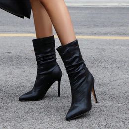 Boots PXELENA Sexy Stiletto Thin High Heels Ankle Women 2023 Winter Pointed Toe Slip On Pleated Nightclub Party Shoes Plus Size