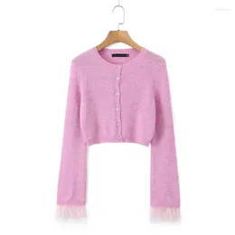 Women's Knits Autumn 2023 Women Solid Single Breasted O Neck Feather Cuff Crop Cardigan Sweater