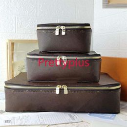 Fashion M43690 make up Brown flower Storage Leather Travel Jewellery boxs New set designers Travel Storage Luggage Fashion Trunk box288G