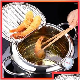 Pans Japanese Style Deep Fryer Stainless Steel With And Basket Lid Kitchen Tempura Fry Pan Kitchenware Drop Delivery Home Garden Dinin Dhxop